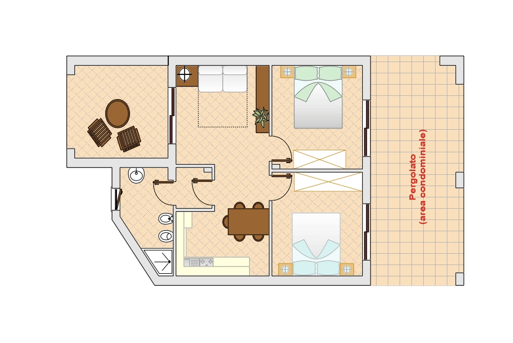 Trilocale con due bagni, veranda e giardino